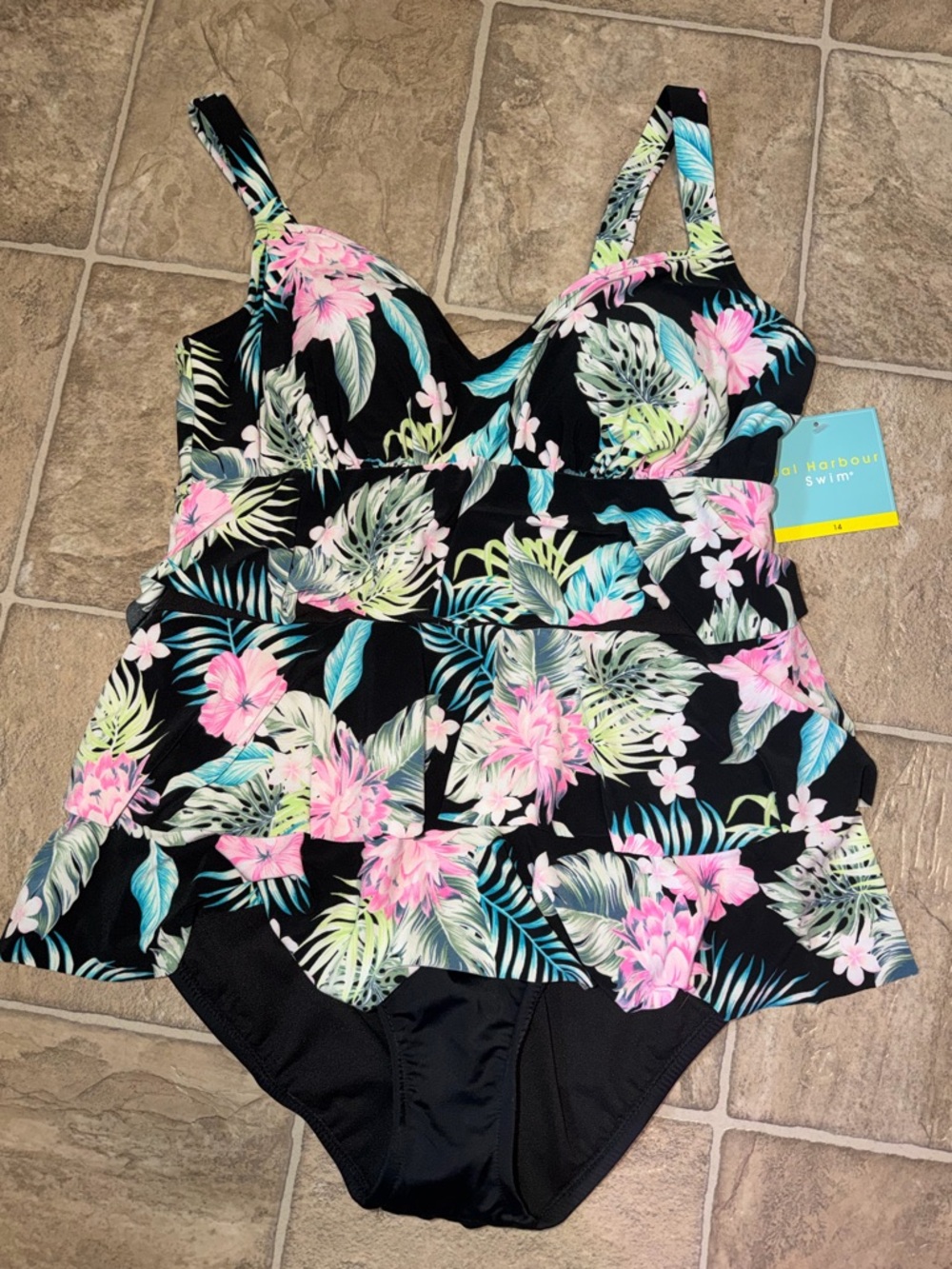 Women’s Black Tropical Floral One-Piece Swimdress- NWT